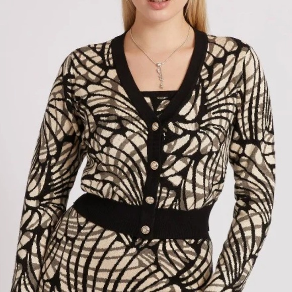 NWT Guess Posie Sweater Jacquard Cardigan Size XS. Black and Cream. - Picture 1 of 10